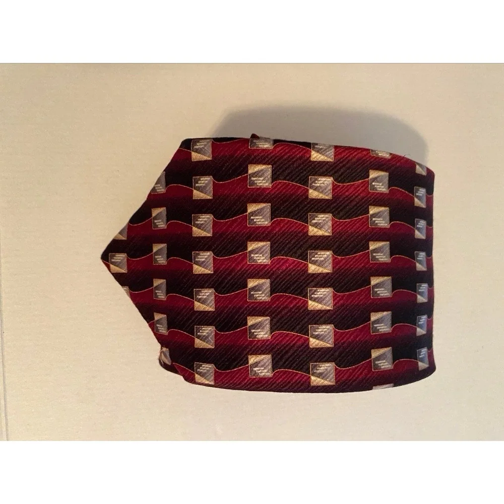 Antonia Collection Mens Silk‎ Tie Burgundy Black Geometric Square Pattern Hand